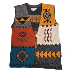 Vintage Cotton Sweater Loft Vest Aztec Country Western Cowboy‎ Horse Medium USA